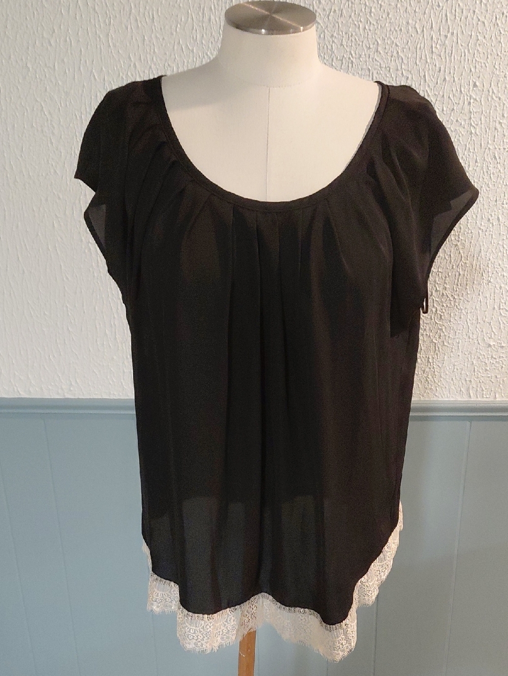 LC Lauren Conrad Black Blouse with Cream Lace Trim
